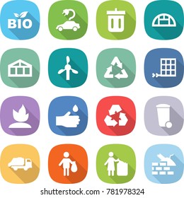 flat vector icon set - bio vector, electric car, bin, greenhouse, windmill, recycle, solar panel, sprouting, hand drop, recycling, trash, truck, garbage, construct