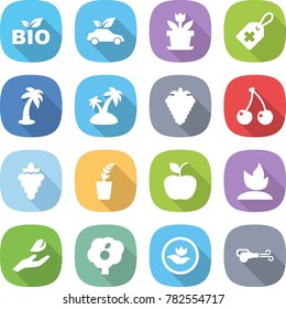 flat vector icon set - bio vector, eco car, flower, medical label, palm, island, berry, cherry, grape, seedling, apple, sprouting, hand leaf, garden, ecology, blower