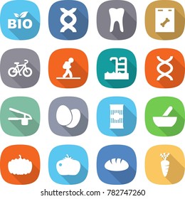 flat vector icon set - bio vector, dna, tooth, roentgen, bike, tourist, pool, garlic clasp, eggs, pasta, mortar, pumpkin, tomato, bread, carrot