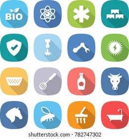 flat vector icon set - bio vector, atom, ambulance star, block wall, protected, laser, robot hand, solar power, colander, whisk, ketchup, cow, horse, wasp, vacuum cleaner, bath