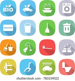 Flat Vector Icon Set - Bio Vector, Eco Car, Fountain, Washing Machine, Welcome Mat, Bucket, Broom, Trash Bin, And, Vacuum Cleaner, Tooth Brush, Clean Floor, Skyscrapers Cleaning, Scoop, Wash, Toilet