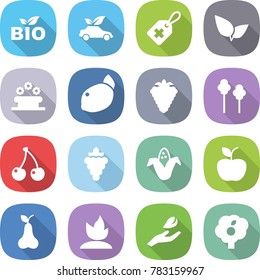 flat vector icon set - bio vector, eco car, medical label, leafs, flower bed, lemon, berry, trees, cherry, grape, corn, apple, pear, sprouting, hand leaf, garden