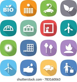 flat vector icon set - bio vector, sun power, electric car, leafs, greenhouse, flower in window, windmill, solar, panel, trees, sprouting, hand drop, trash truck, garbage bin
