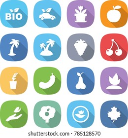 flat vector icon set - bio vector, eco car, flower, apple, palm, island, berry, cherry, seedling, eggplant, pear, sprouting, hand leaf, garden, ecology, maple