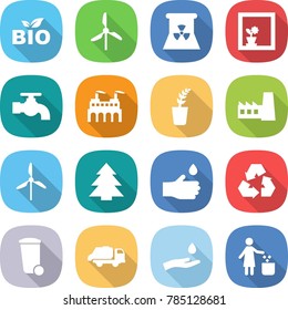 flat vector icon set - bio vector, windmill, nuclear power, flower in window, water tap, factory, seedling, spruce, hand drop, recycling, trash bin, truck, and, garbage