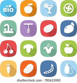 flat vector icon set - bio vector, apple, cocktail, cooler fan, water tap, corkscrew, potato, lemon, cherry, mushroom, corn, carrot, peas, shampoo