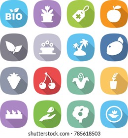 flat vector icon set - bio vector, flower, medical label, apple, leafs, bed, island, lemon, berry, cherry, corn, seedling, hand leaf, garden, ecology