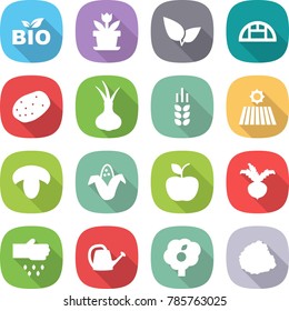 flat vector icon set - bio vector, flower, leafs, greenhouse, potato, onion, spike, field, mushroom, corn, apple, beet, sow, watering can, garden, pile of garbage