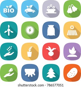 flat vector icon set - bio vector, eco car, flower bed, flippers, windmill, solar power, flour, field, harvest, seedling, beet, sprouting, hand leaf, udder, spruce, potato