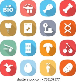 flat vector icon set - bio vector, factory filter, chicken leg, bone, tooth implant, roentgen, warehouse scales, dna, garlic clasp, pasta, mushroom, cherry, beet, egg, carrot, potato
