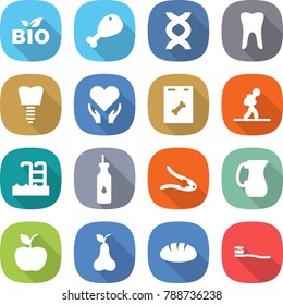 flat vector icon set - bio vector, chicken leg, dna, tooth, implant, health care, roentgen, tourist, pool, vegetable oil, walnut crack, jug, apple, pear, bread, brush
