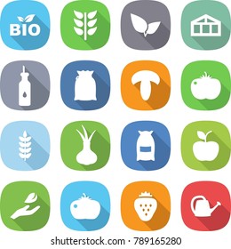 flat vector icon set - bio vector, spikelets, leafs, greenhouse, vegetable oil, flour, mushroom, tomato, spike, onion, apple, hand leaf, strawberry, watering can
