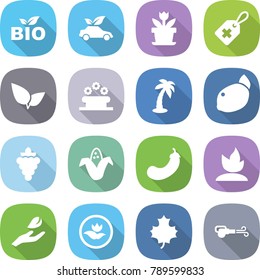 flat vector icon set - bio vector, eco car, flower, medical label, leafs, bed, palm, lemon, grape, corn, eggplant, sprouting, hand leaf, ecology, maple, blower