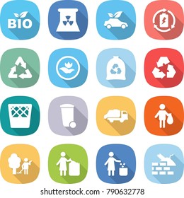 flat vector icon set - bio vector, nuclear power, eco car, battery charge, recycle, ecology, garbage bag, recycling, trash bin, truck, garden cleaning, construct