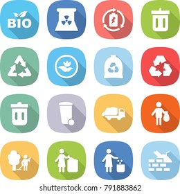 flat vector icon set - bio vector, nuclear power, battery charge, bin, recycle, ecology, garbage bag, recycling, trash, truck, garden cleaning, construct