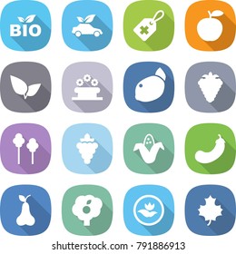 flat vector icon set - bio vector, eco car, medical label, apple, leafs, flower bed, lemon, berry, trees, grape, corn, eggplant, pear, garden, ecology, maple leaf