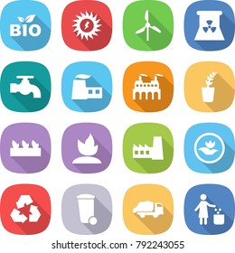 flat vector icon set - bio vector, sun power, windmill, nuclear, water tap, factory, seedling, sprouting, ecology, recycling, trash bin, truck, garbage