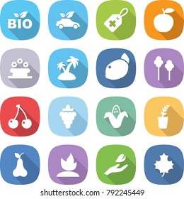 flat vector icon set - bio vector, eco car, medical label, apple, flower bed, island, lemon, trees, cherry, grape, corn, seedling, pear, sprouting, hand leaf, maple