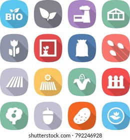 flat vector icon set - bio vector, leafs, factory, greenhouse, perishable, flower in window, flour, seeds, field, corn, grain elevator, garden, acorn, potato, ecology