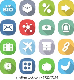 flat vector icon set - bio vector, box, percent, right arrow, mail, virus, medical hat, alarm, suitcase, airplane, nightstand, link, solar power, hob, tomato, chicken