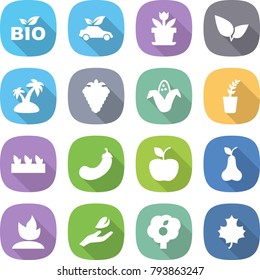 flat vector icon set - bio vector, eco car, flower, leafs, island, berry, corn, seedling, eggplant, apple, pear, sprouting, hand leaf, garden, maple
