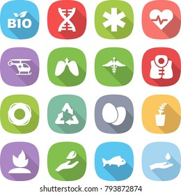 flat vector icon set - bio vector, dna, ambulance star, heart pulse, helicopter, lungs, sign, life vest, lifebuoy, recycle, eggs, seedling, sprouting, hand leaf, fish, and drop