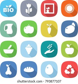flat vector icon set - bio vector, perishable, flower in window, gas oven, jug, tomato, carrot, lemon, mortar, grape, harvest, apple, pear, bread, egg, recycling