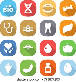 flat vector icon set - bio vector, dna, smart bracelet, bone, stethoscope, hospital, tooth, liver, health care, ambulance sign, drop, tomato, grape, eggplant, pills bottle, egg