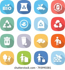 flat vector icon set - bio vector, nuclear power, eco car, battery charge, recycle, ecology, garbage bag, recycling, trash bin, truck, garden cleaning, construct