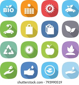 flat vector icon set - bio vector, sun power, eco car, electric, shopping bag, leafs, recycle, solar, apple, sprouting, hand leaf, drop, ecology, and