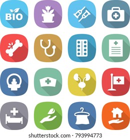 flat vector icon set - bio vector, flower, crutch, doctor case, broken bone, stethoscope, pills blister, recipe, tomography, medical hat, kidneys, flag, hospital, hand leaf, hanger, housing