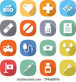 flat vector icon set - bio vector, heart, medical cross, crutch, patch, pill, pills bottle, recipe, ambulance car, dropper, hat, kidneys, flag, syringe, rake