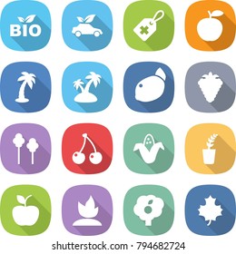flat vector icon set - bio vector, eco car, medical label, apple, palm, island, lemon, berry, trees, cherry, corn, seedling, sprouting, garden, maple leaf