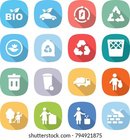 flat vector icon set - bio vector, eco car, battery charge, recycle, ecology, garbage bag, recycling, trash bin, truck, garden cleaning, construct