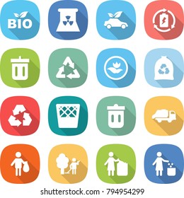 flat vector icon set - bio vector, nuclear power, eco car, battery charge, bin, recycle, ecology, garbage bag, recycling, trash, truck, garden cleaning