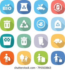flat vector icon set - bio vector, nuclear power, eco car, battery charge, bin, recycle, ecology, garbage bag, trash, truck, garden cleaning