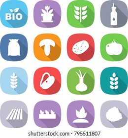 flat vector icon set - bio vector, flower, spikelets, vegetable oil, flour, mushroom, potato, tomato, spike, beans, onion, field, seedling, sprouting, pile of garbage