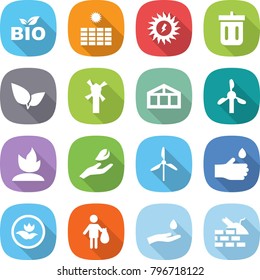 flat vector icon set - bio vector, sun power, bin, leafs, windmill, greenhouse, sprouting, hand leaf, drop, ecology, trash, and, construct garbage
