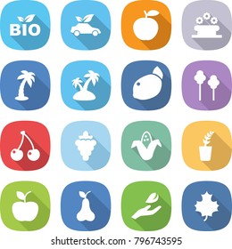 flat vector icon set - bio vector, eco car, apple, flower bed, palm, island, lemon, trees, cherry, grape, corn, seedling, pear, hand leaf, maple