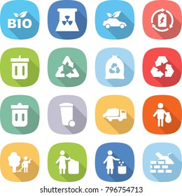 flat vector icon set - bio vector, nuclear power, eco car, battery charge, bin, recycle, garbage bag, recycling, trash, truck, garden cleaning, construct