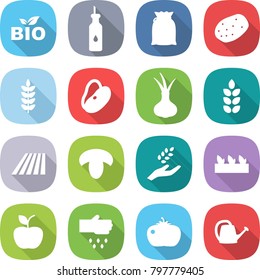 flat vector icon set - bio vector, vegetable oil, flour, potato, spike, beans, onion, field, mushroom, harvest, seedling, apple, sow, tomato, watering can