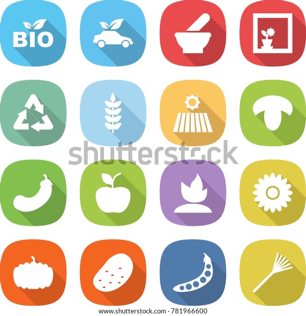 flat vector icon set - bio\
vector, eco car, mortar, flower in window, recycle, spike, field,\
mushroom, eggplant, apple, sprouting, pumpkin, potato, peas,\
rake