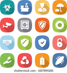 flat vector icon set - biohazard vector, customs control, security man, insurance, surveillance, safe, shield, lifebuoy, camera, unlock, hand leaf, recycling, dry wash, bug
