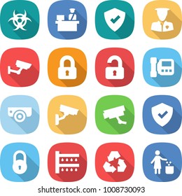 flat vector icon set - biohazard vector, customs control, protected, security man, surveillance, locked, unlocked, intercome, camera, shield, lock, watering, recycling, garbage bin