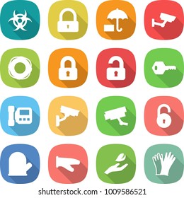 flat vector icon set - biohazard vector, lock, insurance, surveillance, lifebuoy, locked, unlocked, key, intercome, camera, unlock, cook glove, hand leaf, gloves
