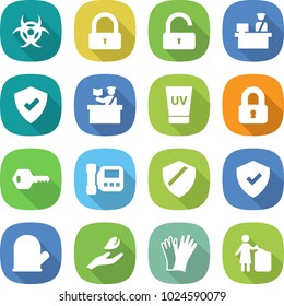 flat vector icon set - biohazard vector, lock, unlock, customs control, protected, inspector, uv cream, locked, key, intercome, shield, cook glove, hand leaf, gloves, garbage bin