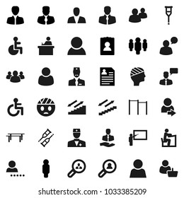 Flat vector icon set - blackboard vector, student, manager, man, personal information, horizontal bar, stairways run, client, speaking, group, disabled, doctor, crutches, head bandage, user, login