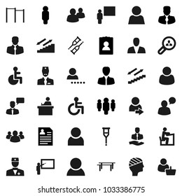 Flat vector icon set - blackboard vector, student, manager, man, personal information, horizontal bar, stairways run, client, speaking, group, disabled, doctor, crutches, head bandage, user, login