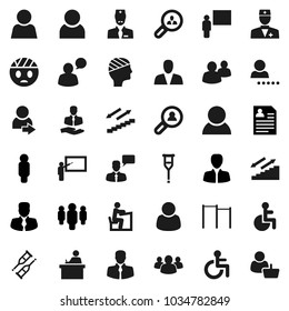 Flat vector icon set - blackboard vector, student, manager, man, personal information, horizontal bar, stairways run, client, speaking, group, disabled, doctor, crutches, head bandage, user, login