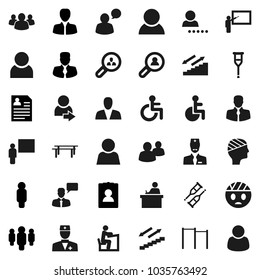 Flat vector icon set - blackboard vector, student, manager, man, personal information, horizontal bar, stairways run, client, speaking, group, disabled, doctor, crutches, head bandage, user, login